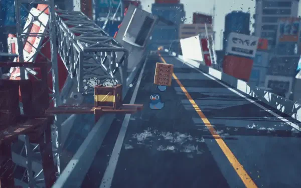 A whimsical HD PC wallpaper from GuGu Pizza: Delivering Pizza to the Space Station, showcasing a quirky scene with overturned crates and a colorful character navigating a chaotic roadway.