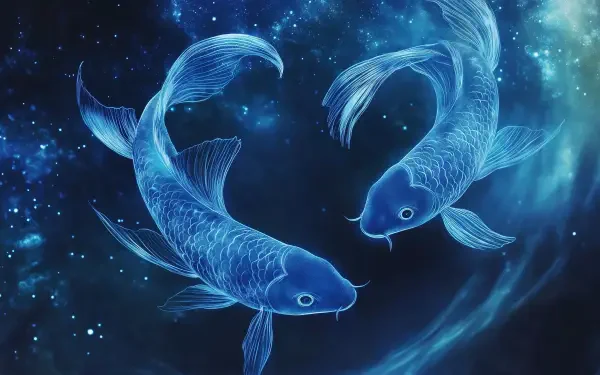 A vibrant HD wallpaper featuring two ethereal blue fish swimming in a cosmic backdrop, symbolizing Pisces in astrology and the zodiac.