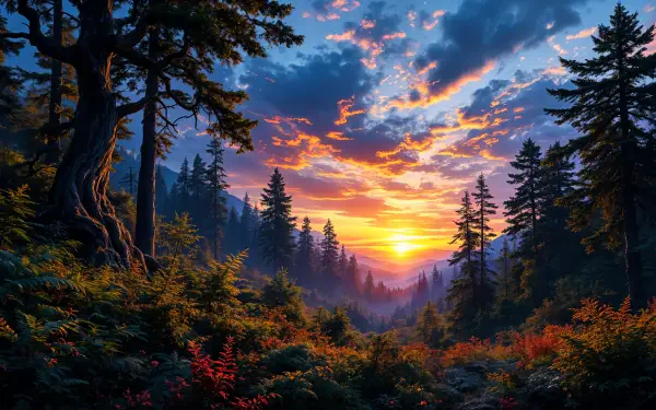 4K Ultra HD wallpaper of a vibrant wilderness landscape, featuring a dense forest under a dramatic sunset sky, highlighting the beauty of nature.