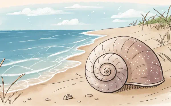 A serene beach scene featuring a large spiral shell on sand, with gentle waves lapping the shore under a clear sky. This 4K Ultra HD wallpaper captures a tranquil coastal moment.