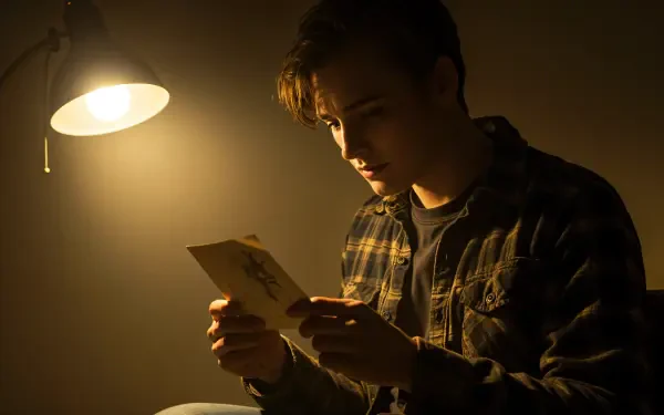 A young man sitting under a lamp, intently reading a card, captured in a warm, inspirational atmosphere. This image serves as a stunning 4K Ultra HD PC desktop wallpaper.