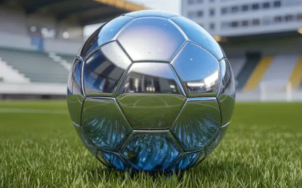 A close-up of a shiny soccer ball resting on vibrant green grass, set against a blurred stadium backdrop. The image serves as a stunning 4K Ultra HD desktop wallpaper.