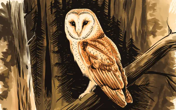 A barn owl perched on a branch, surrounded by a woodland backdrop. This stunning image serves as a 4K Ultra HD PC desktop wallpaper, showcasing the owl's intricate details and colors.