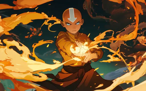 Aang from Avatar: The Last Airbender, depicted in dynamic action, manipulating fire amidst swirling flames. This vibrant image serves as a striking HD desktop wallpaper.