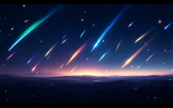 A stunning 4K Ultra HD wallpaper depicting a vibrant meteor shower with multicolored trails streaking across a starry night sky and a distant horizon.