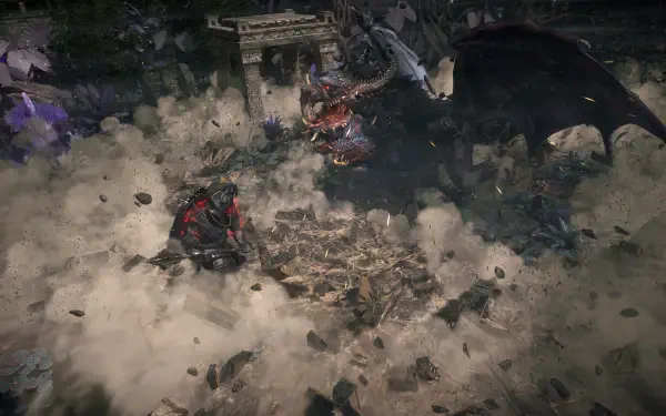 A dramatic scene from Path of Exile 2, featuring a character battling a large dragon amidst swirling dust and debris in stunning 4K Ultra HD resolution.