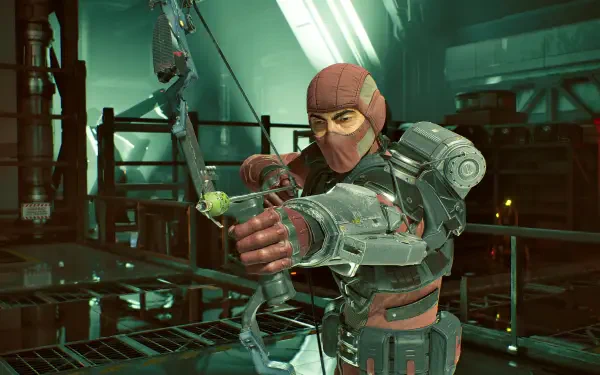 A character from Killing Floor 3 aims a bow in a futuristic, industrial environment, captured in stunning 4K Ultra HD for a dynamic PC desktop wallpaper.