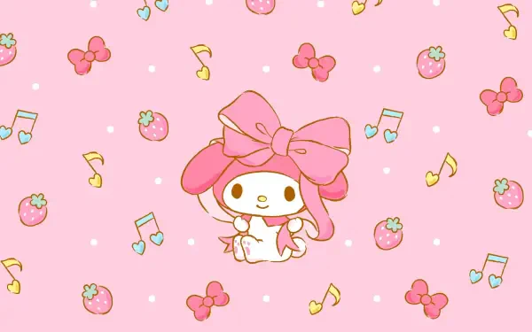 HD PC desktop wallpaper featuring Hello Kitty-themed character in pink with a large bow, surrounded by strawberries, bows, and musical notes on a pink polka dot background.