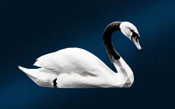 A stunning 4K Ultra HD depiction of a trumpeter swan, featuring its elegant white body and distinctive black neck against a deep blue background. Perfect for a desktop wallpaper.