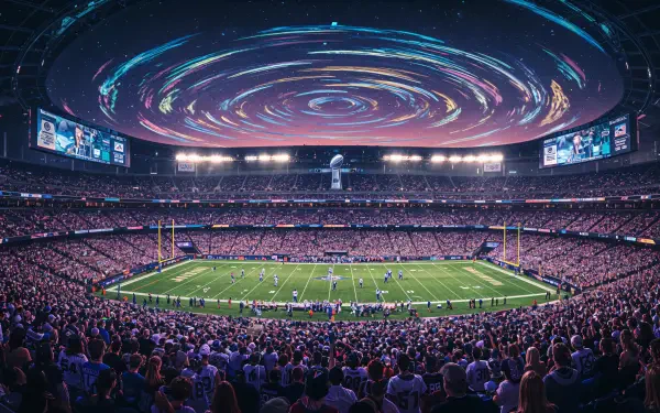 A vibrant 4K Ultra HD wallpaper depicting a packed stadium during the Super Bowl, with a dynamic sky swirling above the field in an exciting atmosphere.