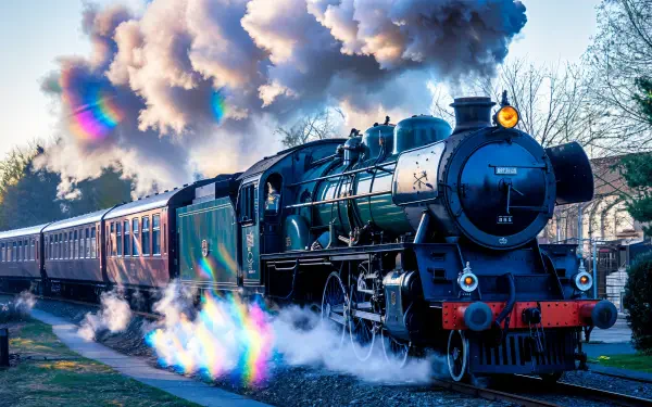 A vibrant steam train billows smoke as it journeys along the tracks, captured in stunning 4K Ultra HD, making it an eye-catching desktop wallpaper and background.