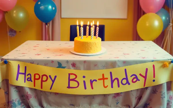 A vibrant birthday scene featuring a table adorned with a colorful Happy Birthday! banner, a yellow cake with candles, and cheerful balloons, captured in 4K Ultra HD quality.