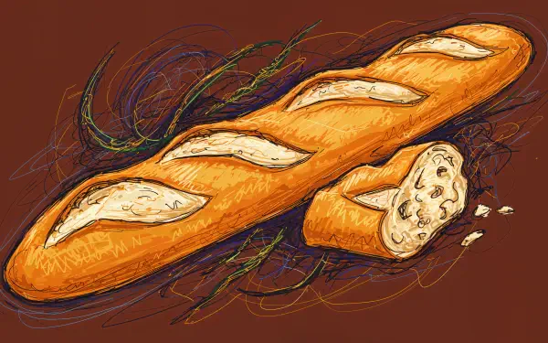 A detailed sketch of a baguette, showcasing its golden crust and soft interior, set against a rich background, designed as a 4K Ultra HD PC Desktop Wallpaper and background.