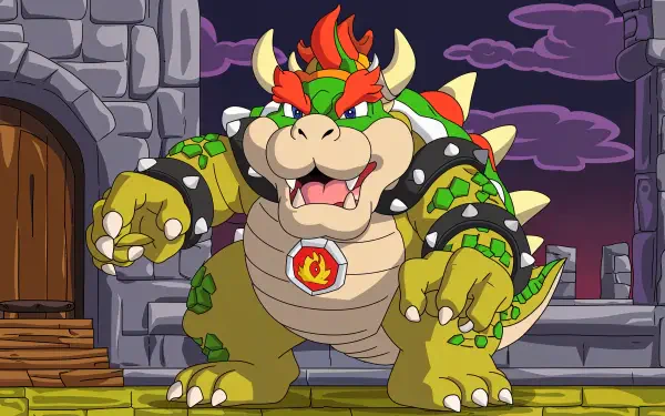A vibrant 4K Ultra HD wallpaper featuring Bowser, the iconic video game character, displaying his fierce demeanor and colorful design against a castle backdrop.