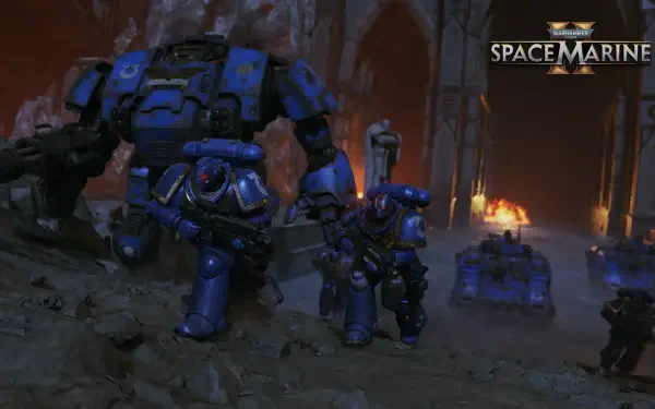 A HD wallpaper featuring action-packed visuals from the video game Warhammer 40K: Space Marine 2, showcasing armored warriors amidst a fiery battleground.