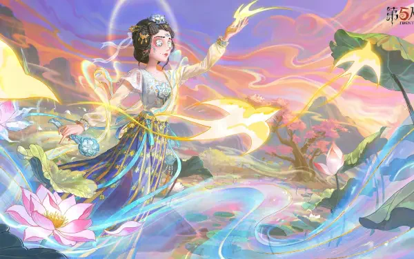 HD PC desktop wallpaper background of an Identity V video game character: ethereal female in flowing robes casting golden light over swirling water and lotus blossoms in pastel sunset hues.