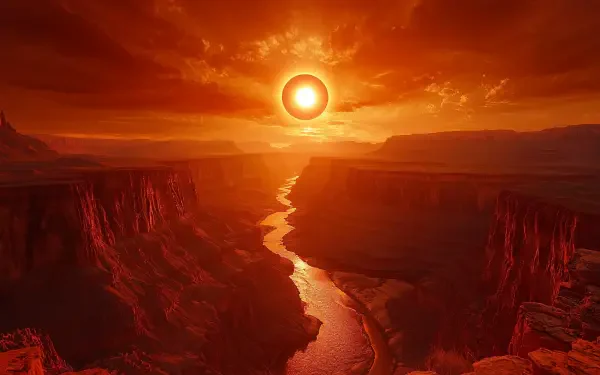 A stunning landscape featuring a dramatic canyon with a river, illuminated by the radiant sunlight of an eclipse against a backdrop of rich orange and red hues.