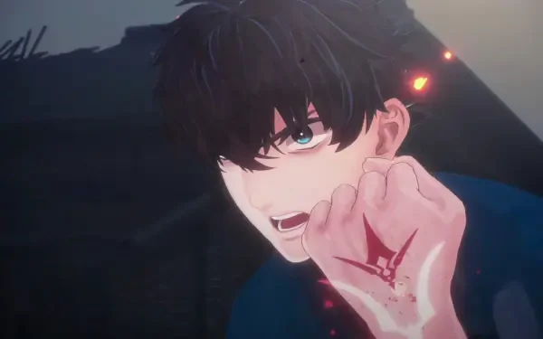 An intense character from Fate/Samurai Remnant, showcasing a determined expression with a glowing symbol on his hand, set against a dynamic background in this HD PC desktop wallpaper.