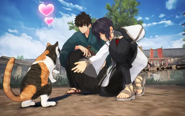 Two characters from the video game Fate/Samurai Remnant interact playfully with a cat, surrounded by a sunny, outdoor setting with hearts floating above. 