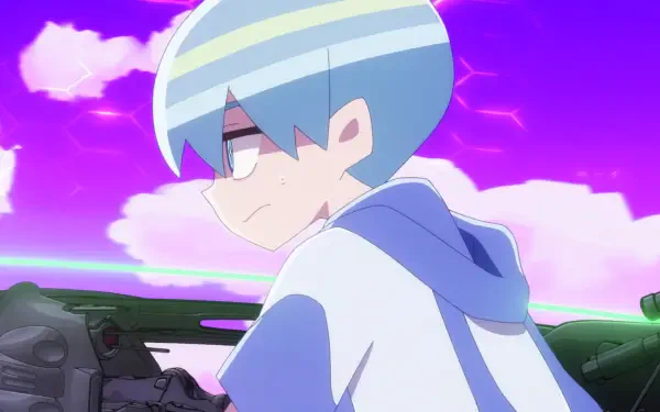 A character from the anime Aquarion: Myth of Emotions gazes thoughtfully into the distance, set against a vibrant purple background, in this HD PC desktop wallpaper.