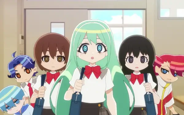 A colorful HD wallpaper featuring characters from Aquarion: Myth of Emotions, showcasing a group of students with diverse hairstyles and expressions, standing in a classroom setting.