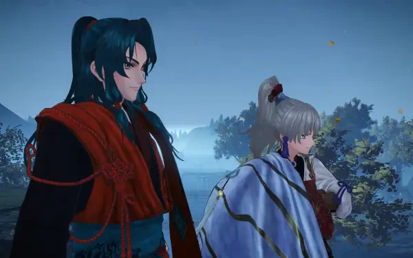 A captivating scene from the video game Fate/Samurai Remnant, featuring two characters in a tranquil landscape, showcased in stunning 4K Ultra HD detail.