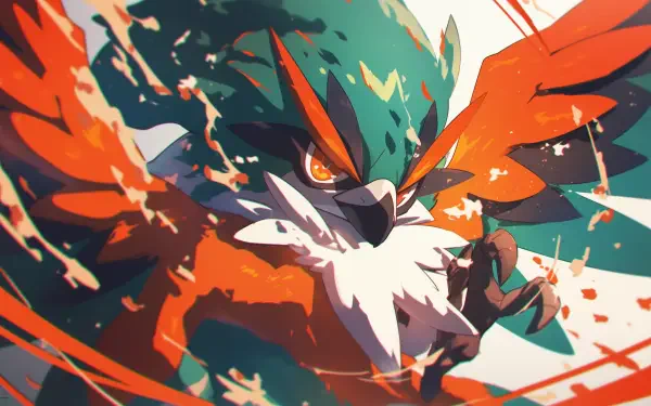 A vibrant HD desktop wallpaper featuring Decidueye, the Pokemon, showcasing its striking green and orange feathers against a dynamic background.