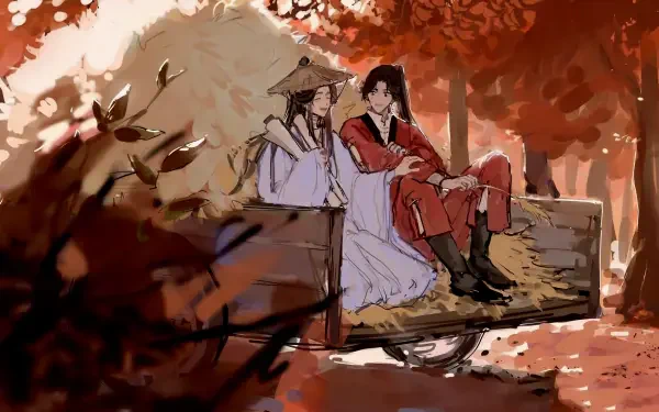 4K Ultra HD wallpaper featuring San Lang and Xie Lian from Heaven Official's Blessing (Tian Guan Ci Fu) sitting together on a tree branch amid autumn foliage.