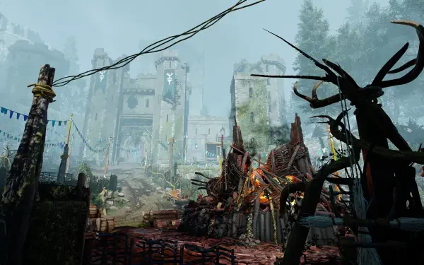 A stunning 4K Ultra HD wallpaper showcasing a dark, atmospheric scene from the video game Atomfall, featuring a mysterious fortress surrounded by twisted trees and eerie details.