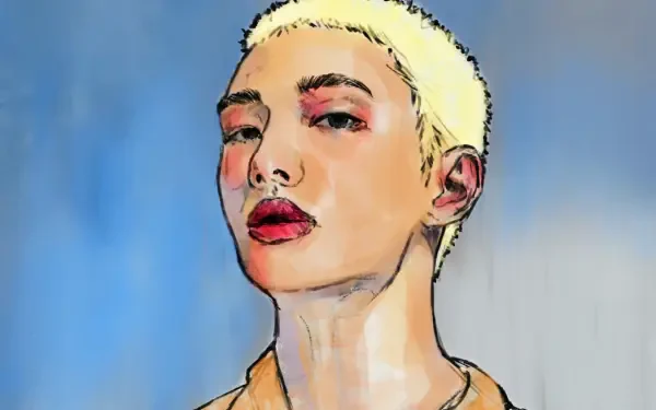 Stylized portrait of a blond, short-haired singer with bold eye makeup and red lips against a soft blue backdrop — 4K Ultra HD PC desktop wallpaper. Identity not confirmed.