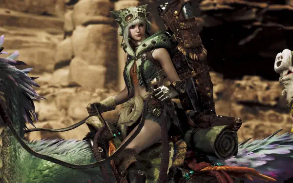 A detailed HD wallpaper featuring a character from Monster Hunter Wilds, riding a Chocobo from Final Fantasy, set against a rugged, natural backdrop.