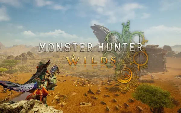 A 4K Ultra HD desktop wallpaper from the video game Monster Hunter Wilds, featuring a stunning landscape and the game’s title prominently displayed in the foreground.