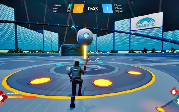 HD PC desktop wallpaper featuring an action-packed moment from the video game Shotball, showcasing a futuristic arena with a player aiming at a glowing target.