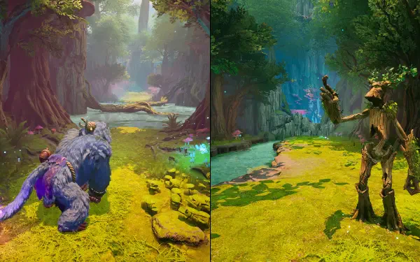 HD wallpaper from the video game Split Fiction, featuring vibrant forest scenes with a creature and a mystical figure amidst lush greenery and serene waters.