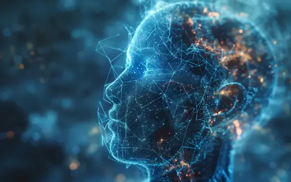 A futuristic, holographic depiction of a human head, showcasing intricate cybernetic patterns and a vibrant, interconnected network of light, ideal for a HD desktop wallpaper.