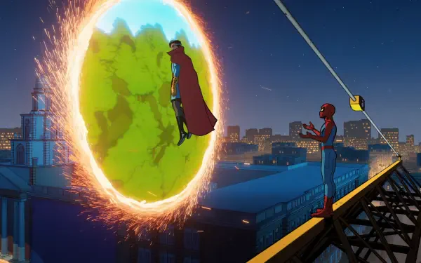 Spider-Man stands on a city rooftop, watching Doctor Strange as he emerges from a vibrant portal. Captured in a 4K Ultra HD quality, this image is a vibrant tribute to the TV show, Your Friendly Neighborhood Spider-Man.