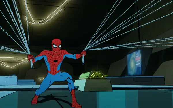 Spider-Man strikes a dynamic pose, shooting webs from his hands in a scene from Your Friendly Neighborhood Spider-Man. The image showcases vibrant animation in 4K Ultra HD.