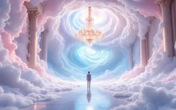A dreamy ballroom scene featuring a luminous chandelier and soft clouds in a pastel sky, creating a serene and enchanting atmosphere. 4K Ultra HD PC desktop wallpaper.