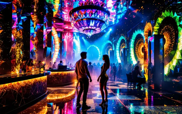 A vibrant nightclub scene featuring colorful lights, dynamic decor, and silhouettes of people, creating an energetic atmosphere. This image serves as a 4K Ultra HD desktop wallpaper.