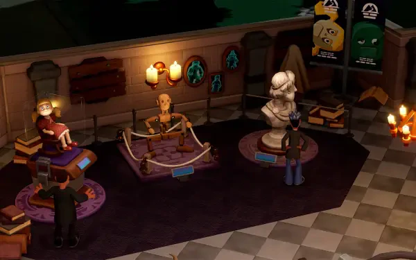 A vibrant scene from the video game Two Point Museum, showcasing a whimsical gallery with characters and diverse exhibits, set in a richly detailed environment.