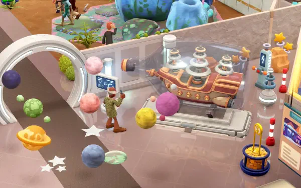 A vibrant scene from the video game Two Point Museum, featuring colorful exhibits, visitors exploring, and a whimsical atmosphere, set as an HD PC desktop wallpaper.