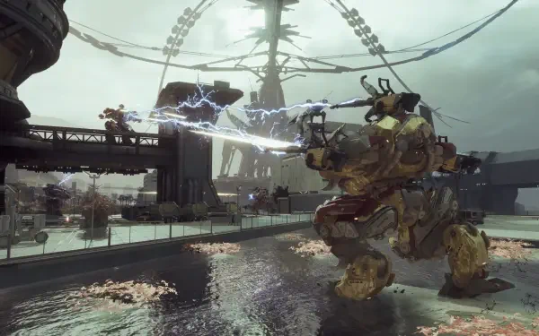 A dramatic scene from the video game War Robots: Frontiers, featuring a massive mech unleashing energy blasts in a futuristic environment, set against a moody backdrop. 4K Ultra HD quality.