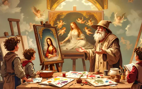 A vibrant Renaissance scene featuring an elderly artist teaching two children in an art studio, with paintings of angels and a woman in a flowing gown in the background. 4K Ultra HD wallpaper.