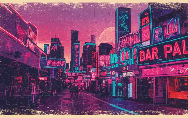 A vibrant puzzle-themed 4K Ultra HD wallpaper showcasing a neon-lit city street at dusk, filled with colorful signs and buildings under a dramatic sky.