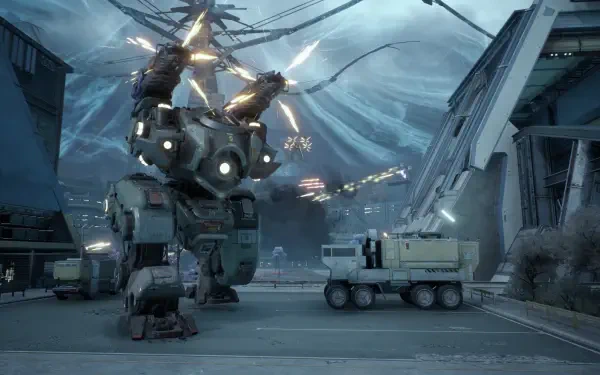 4K Ultra HD PC desktop wallpaper showcasing intense combat with heavily armed mechs in a snowy, mountainous environment from the video game War Robots: Frontiers.