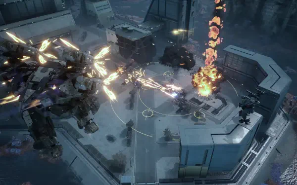 Dynamic scene from the video game War Robots: Frontiers, showcasing intense combat with mech robots and explosions, presented in stunning 4K Ultra HD quality for PC wallpaper.