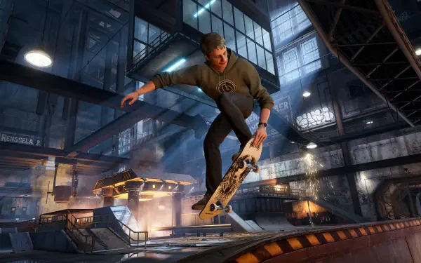 A dynamic scene from Tony Hawk's Pro Skater 3 + 4, featuring a skateboarder performing a trick in an industrial skate park, captured in stunning 4K Ultra HD.
