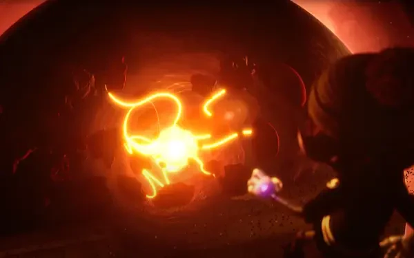 4K Ultra HD Murder Drones wallpaper by Glitch Productions, featuring glowing orange energy and a silhouetted figure in a dark, intense sci-fi scene.