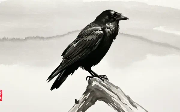 Black raven perched on a branch, set against a soft, misty background. A striking 4K Ultra HD desktop wallpaper, blending artistry and nature.
