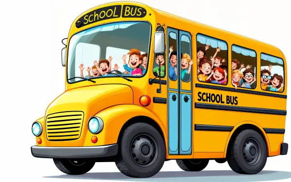 A vibrant, animated yellow school bus filled with happy children, designed as a 4K Ultra HD PC desktop wallpaper and background.